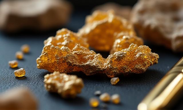 Gold and mineral ores close up on a dark background