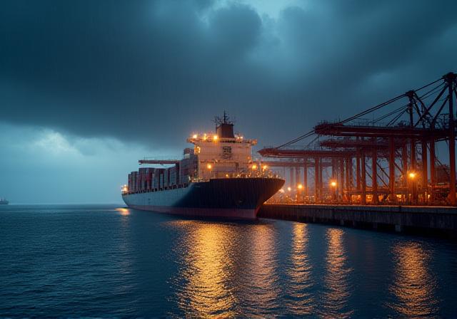 Global shipping port with mineral containers under a dramatic storm sky