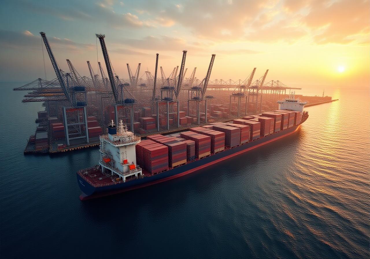 Global shipping port with industrial mining cargo containers